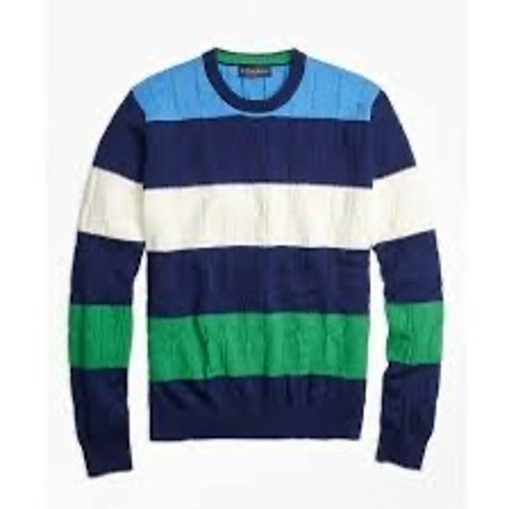 Brooks Brothers Cable Knit Sweater Cotton Men's Size Medium Striped Crewneck